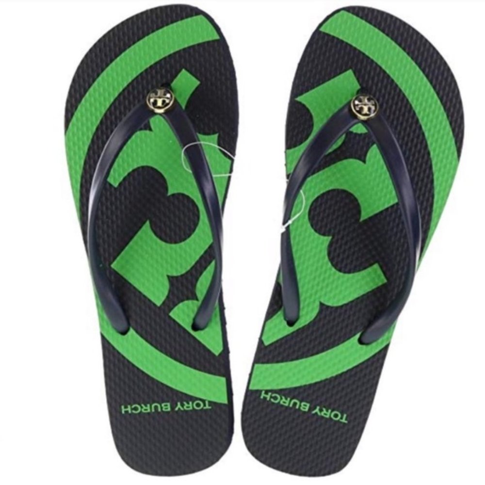COPY - COPY - Tory Burch 90008765 Tory black /Court Green Logo Women's Flip Flo…